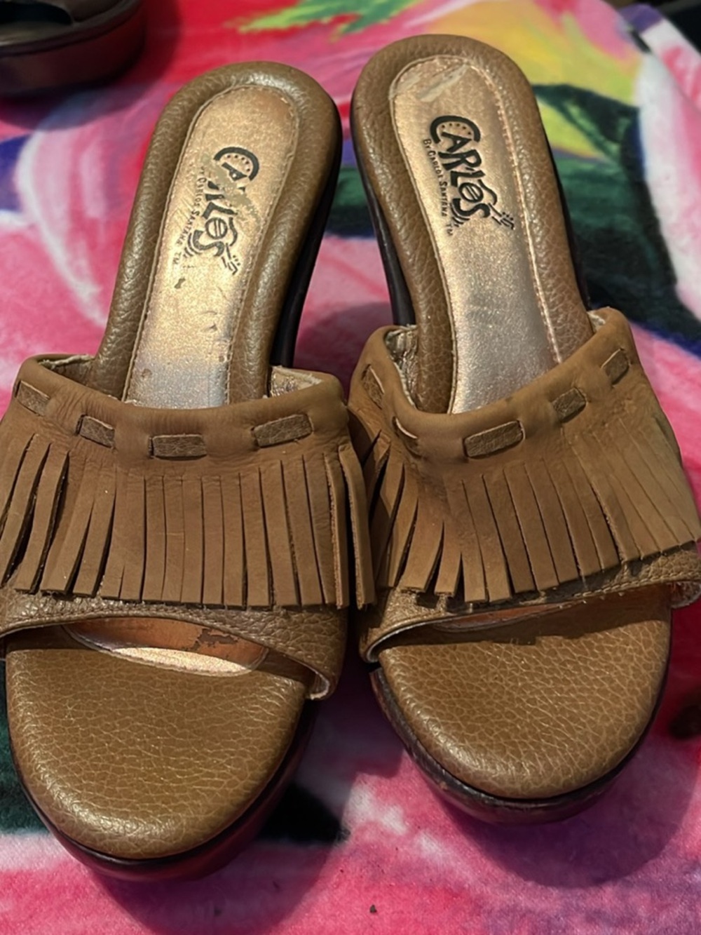 by Santana Women’s Brown Fringe Slide Sandals